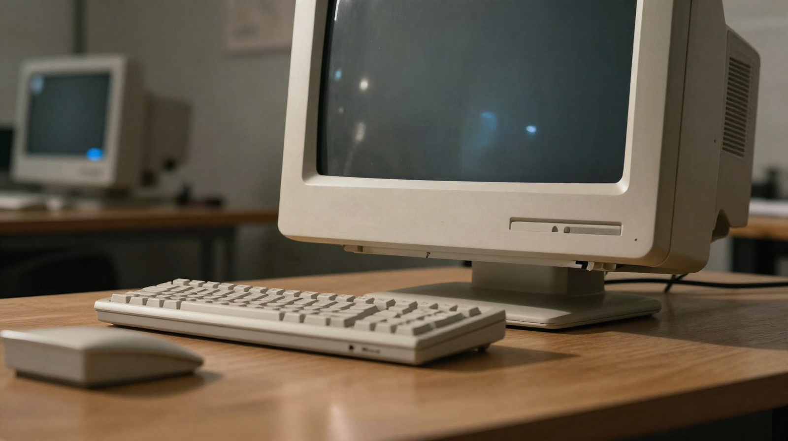 A vintage computer monitor glow in a dim office