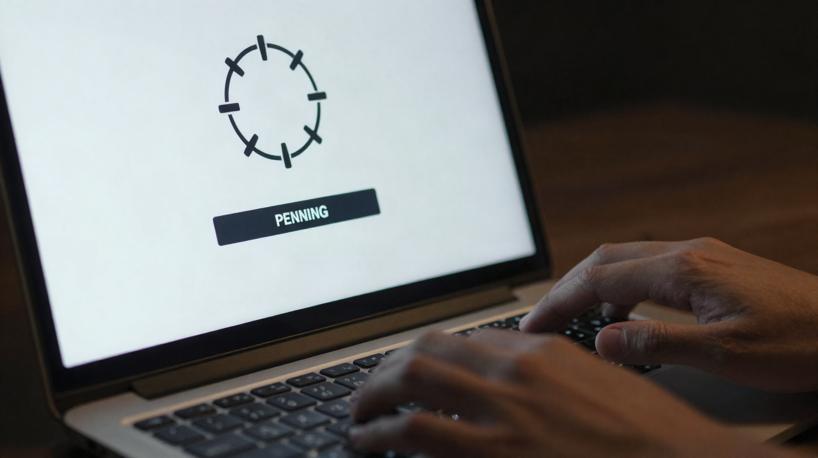 A laptop screen showing a pending transaction spinner