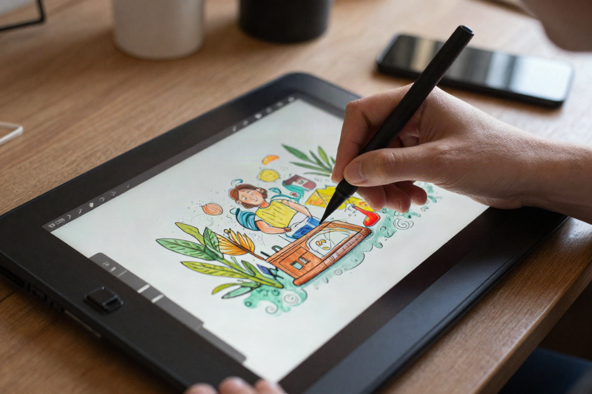 Digital artist sketching on a tablet
