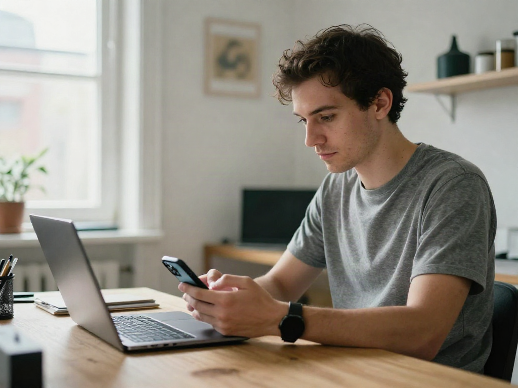Person checking a self-custody wallet app on a phone next to a laptop