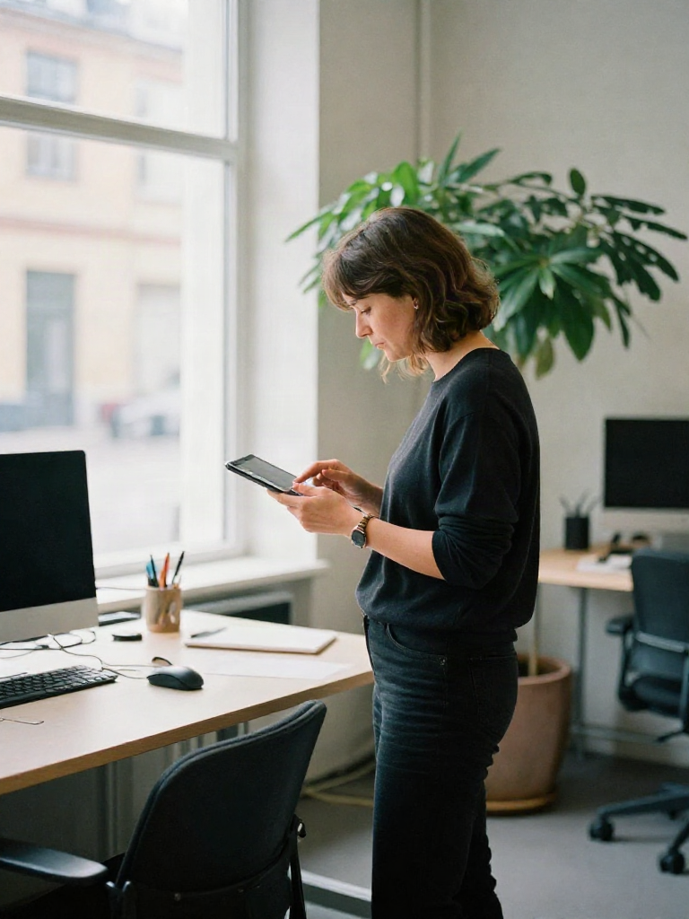 Person reviewing collection details on a tablet in a bright office