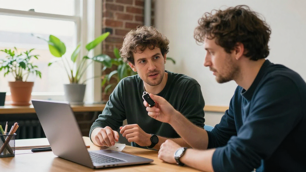 Two people at a co-working desk discussing wallet setup with a hardware security key