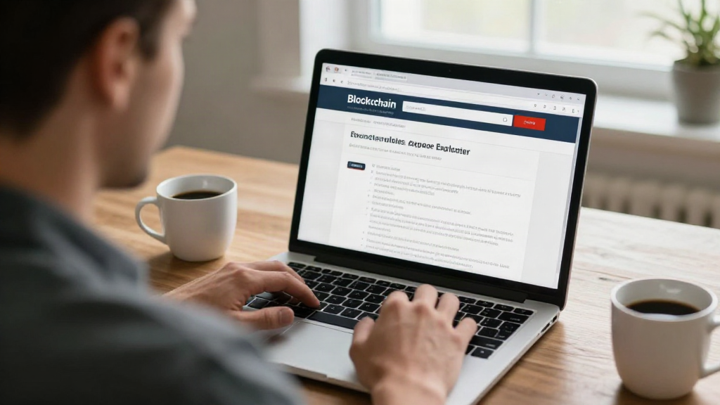 Man at a desk reading a blockchain explorer page on a laptop