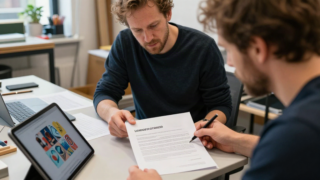 Two colleagues reviewing a printed licensing document beside a tablet showing artwork