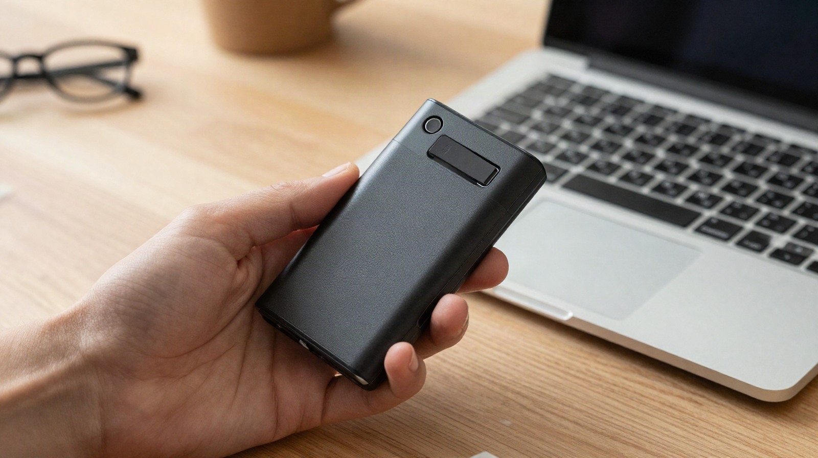 Holding a hardware wallet next to a laptop