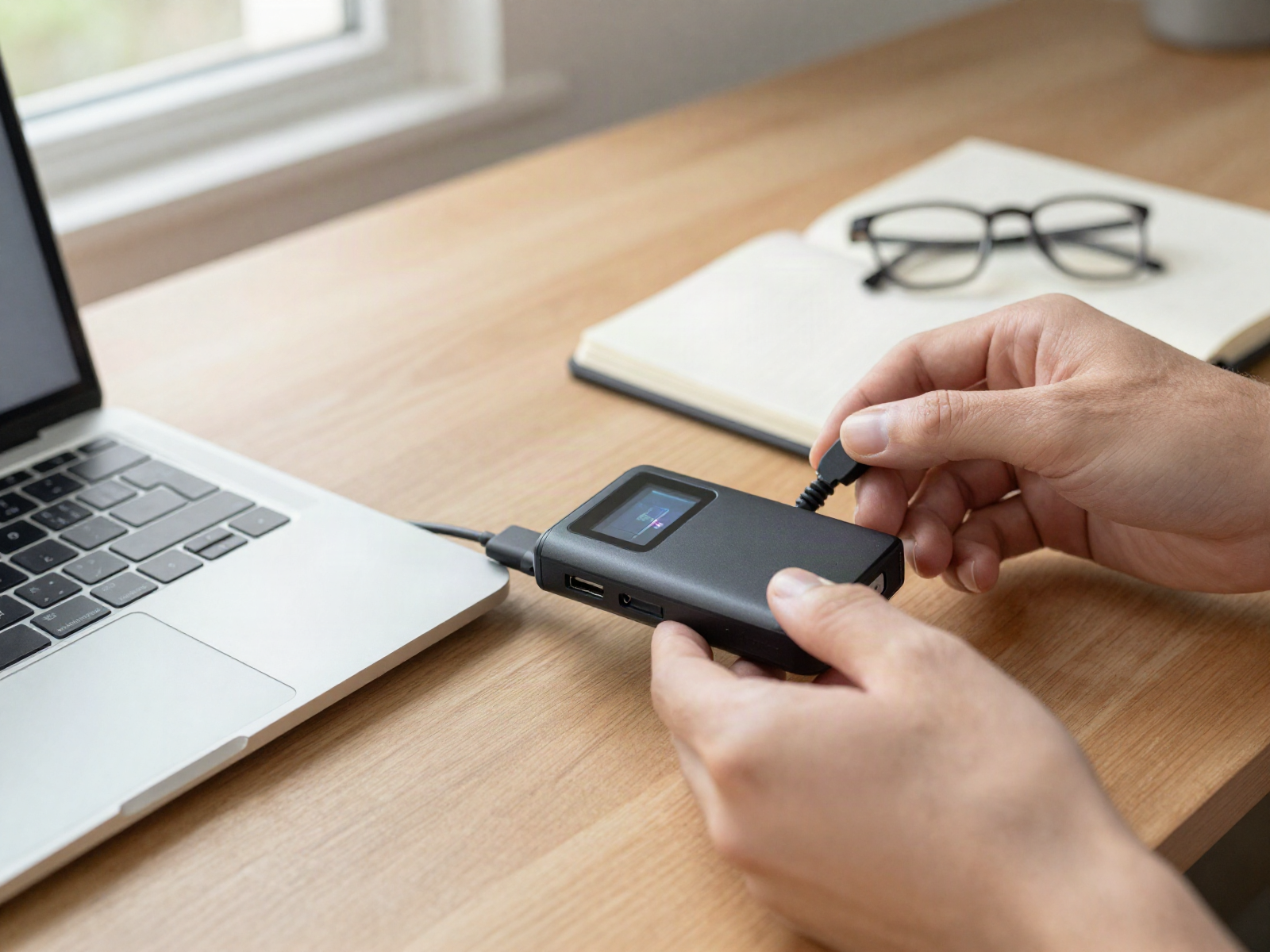 Hands plugging a small black hardware wallet into a laptop, its screen showing a transfer confirmation prompt