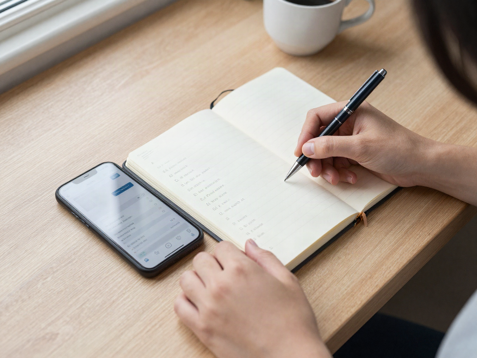 Hands handwriting a twelve word recovery phrase into a paper notebook beside a phone showing a wallet setup screen
