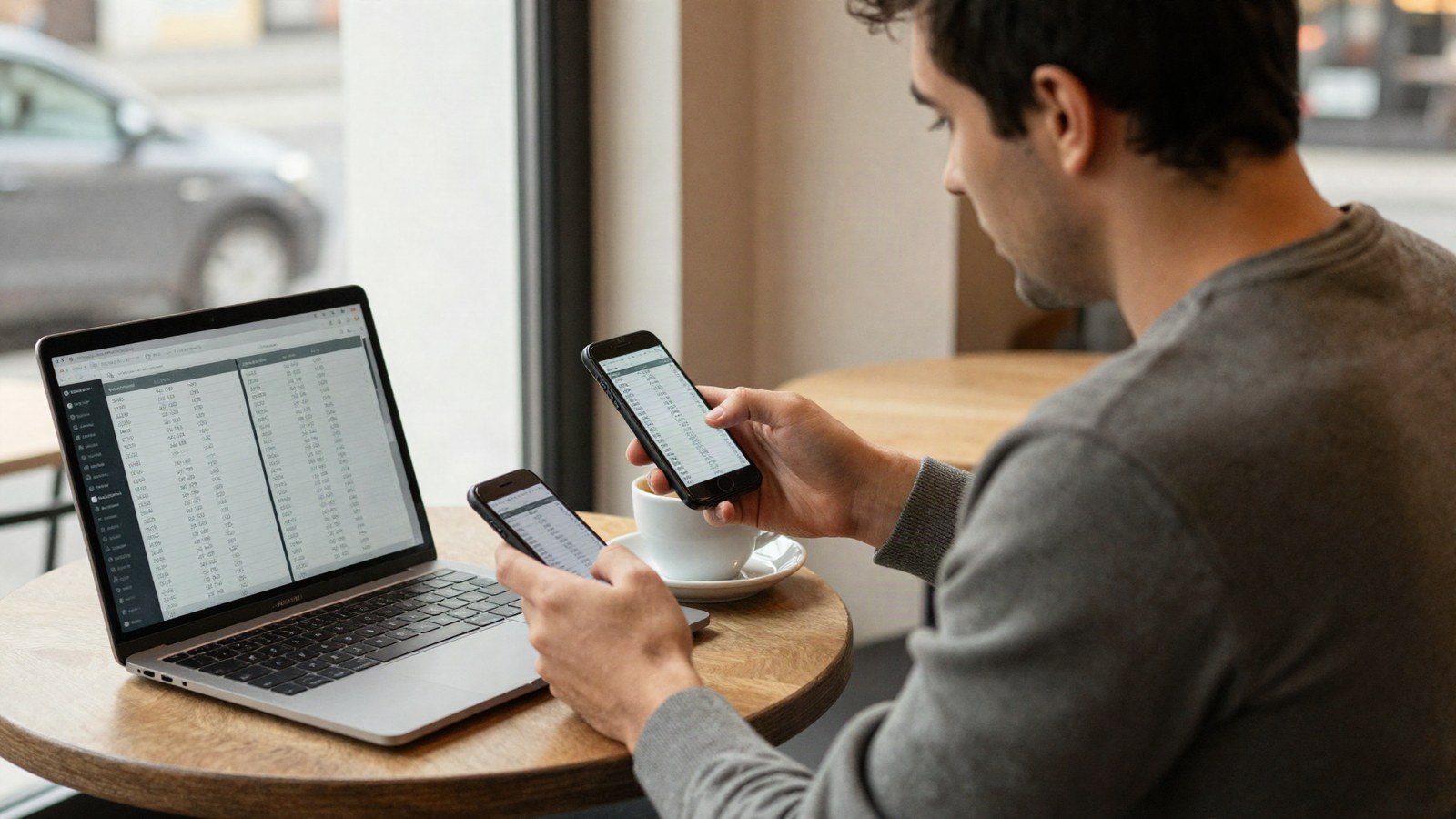Man in a cafe comparing price lists on a laptop and a phone