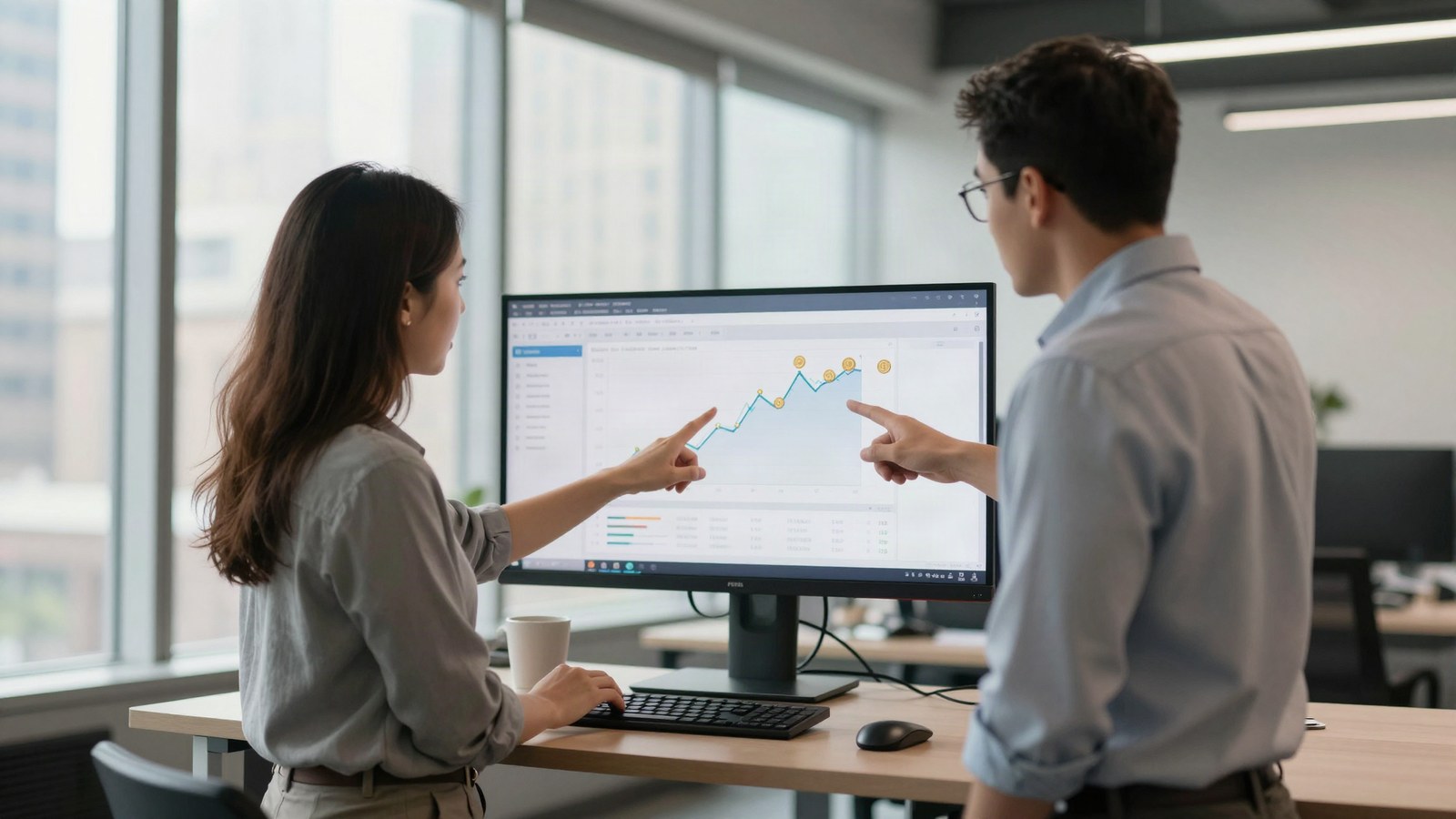Two colleagues reviewing sales history and volume data on a monitor