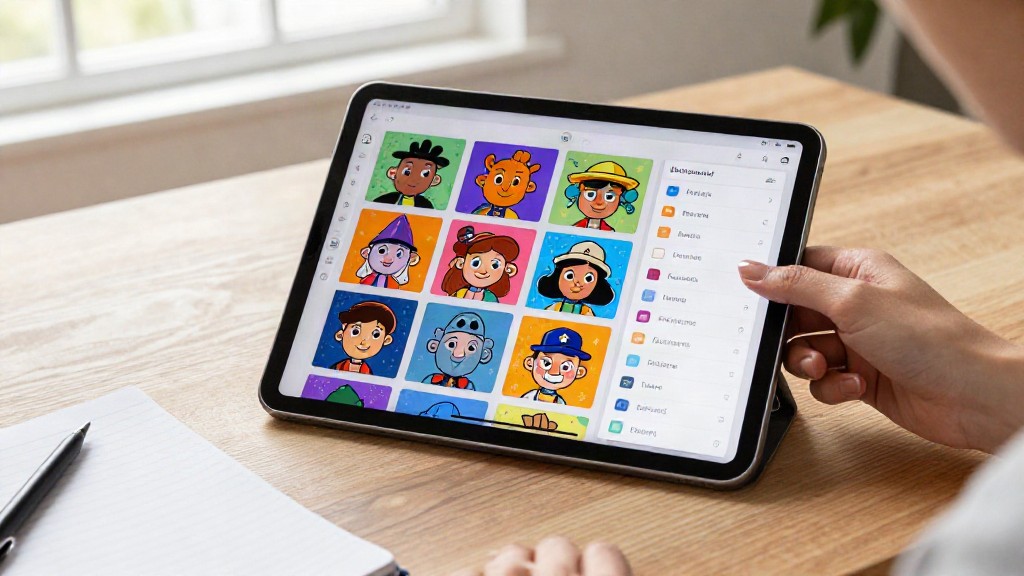 Hand filtering a grid of illustrated NFT characters by trait on a tablet