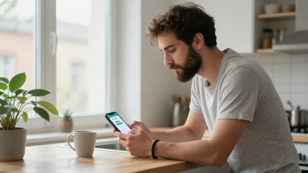 Man in a kitchen reviewing a wallet confirmation screen on his phone before accepting an offer