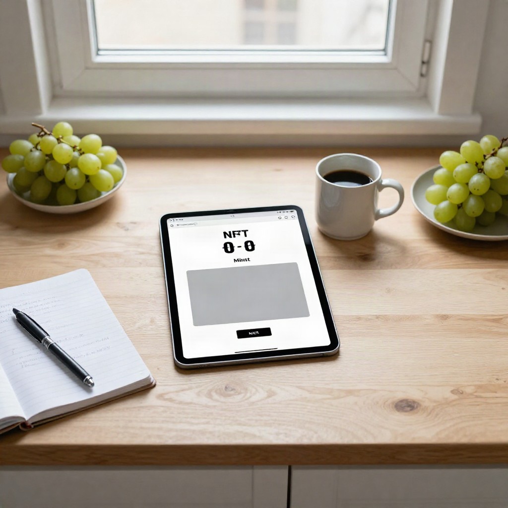 Tablet on a kitchen counter showing an NFT mint page with a countdown timer and a grey placeholder square where the unrevealed artwork will appear