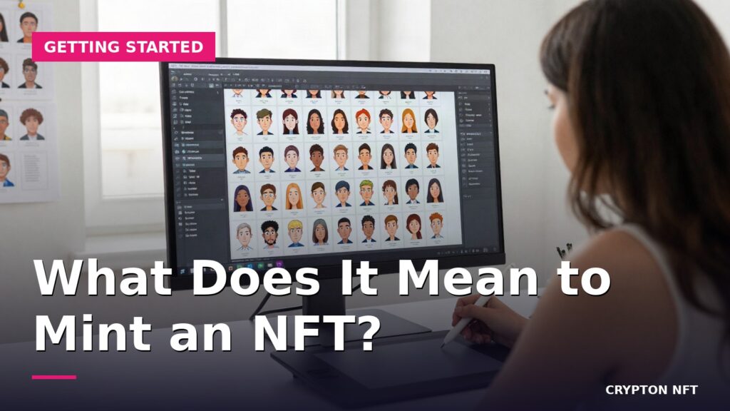 Designer at a studio desk reviewing a grid of generated cartoon avatar artwork on a monitor before an NFT collection mint