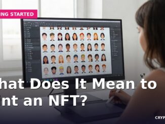 Designer at a studio desk reviewing a grid of generated cartoon avatar artwork on a monitor before an NFT collection mint