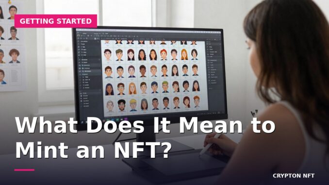 Designer at a studio desk reviewing a grid of generated cartoon avatar artwork on a monitor before an NFT collection mint