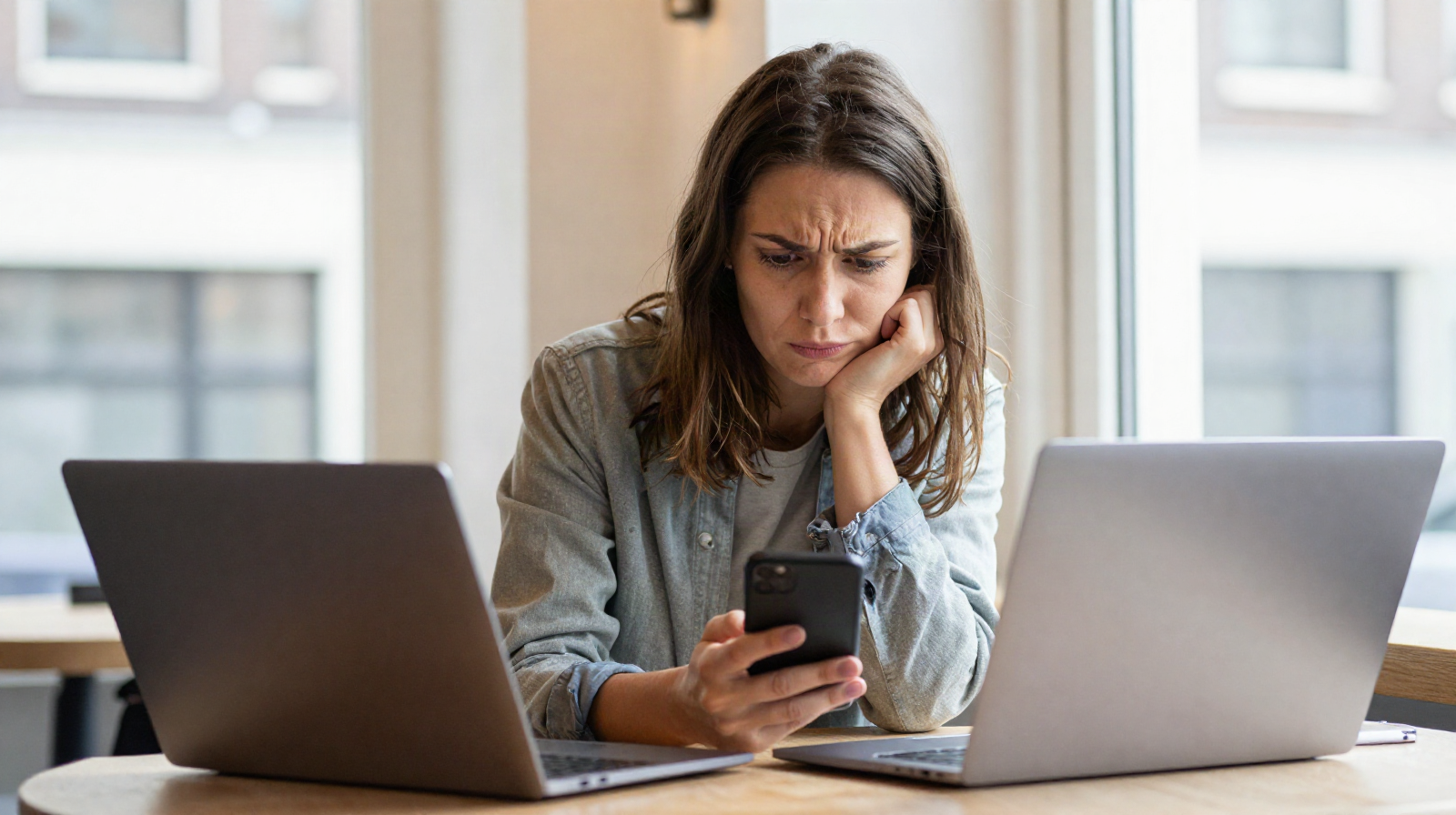 A woman at a cafe table looking at her phone with a concerned expression