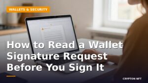 Laptop showing a browser wallet confirmation dialog with a warning icon, hand paused on the trackpad