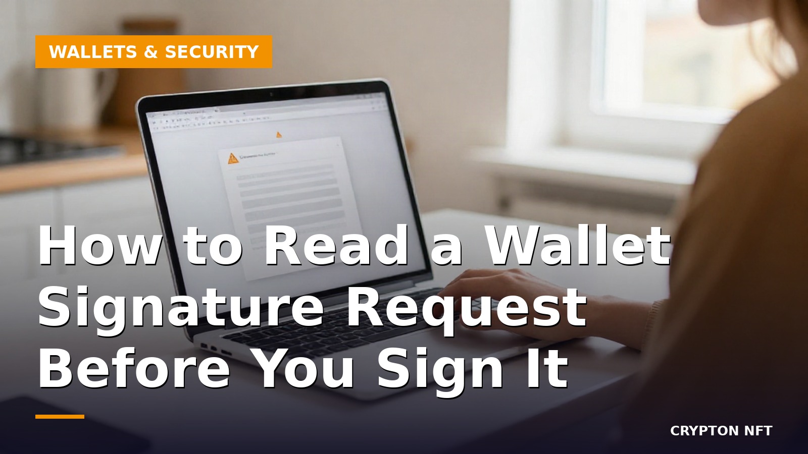 How to Read a Wallet Signature Request Before You Sign It Laptop showing a browser wallet confirmation dialog with a warning icon, hand paused on the trackpad