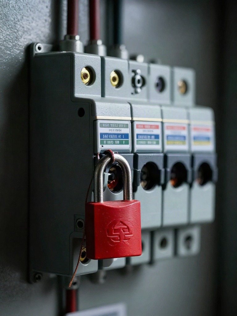 Close-up of an electrical circuit breaker panel with a red lockout padlock, representing the circuit breaker added to the rebuilt Ronin bridge