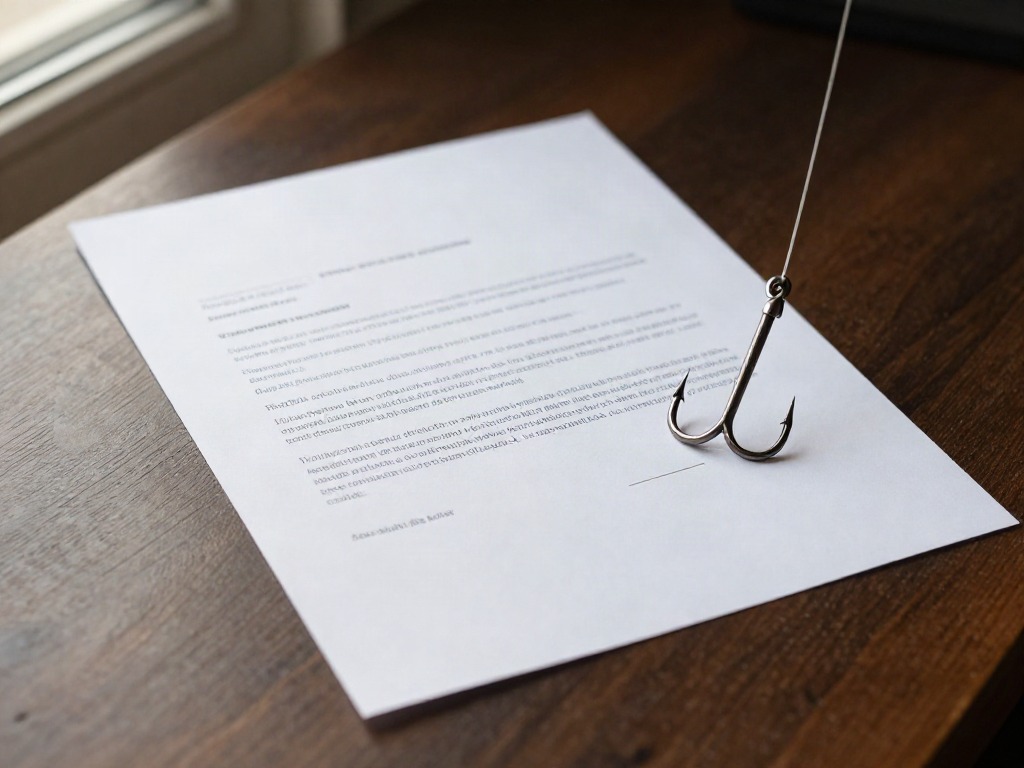 Printed job offer letter on a wooden desk with a fishing hook resting on it, representing the phishing offer behind the Ronin hack