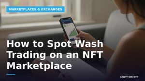 Woman on a sofa checking an NFT collection's spiking trading volume chart on her phone
