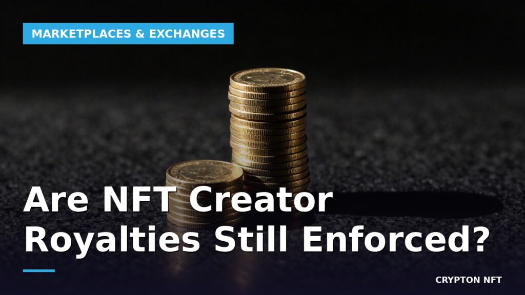 Two stacks of gold coins, one tall and one short, under dramatic side lighting representing paid versus unpaid NFT creator royalties