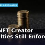 Two stacks of gold coins, one tall and one short, under dramatic side lighting representing paid versus unpaid NFT creator royalties