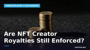 Two stacks of gold coins, one tall and one short, under dramatic side lighting representing paid versus unpaid NFT creator royalties
