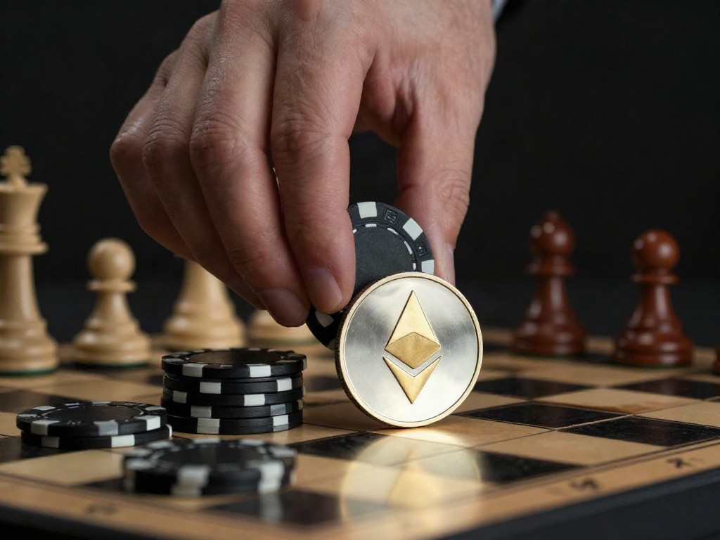 Hand placing a poker chip and an ethereum coin on a chessboard, symbolizing anonymous insider trades