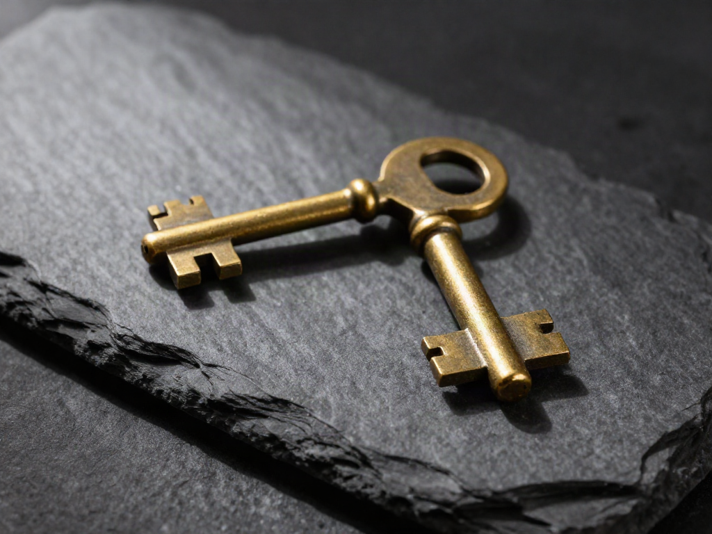 Two nearly identical antique brass keys on dark slate, one with a tiny filed notch the other lacks, representing a lookalike poisoned wallet address