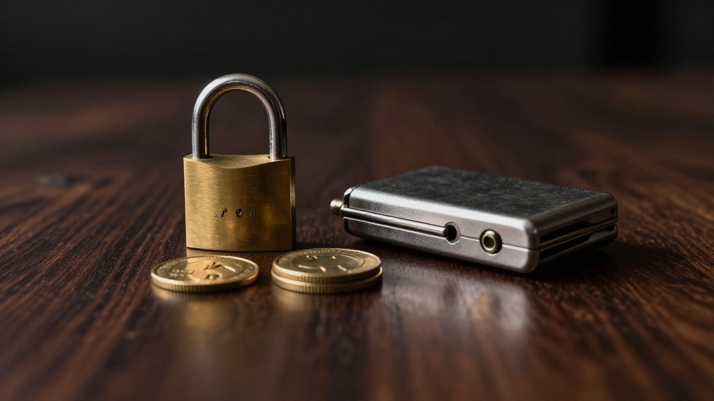A brass padlock resting beside gold coins and a hardware wallet device on a wood table, representing wallet security