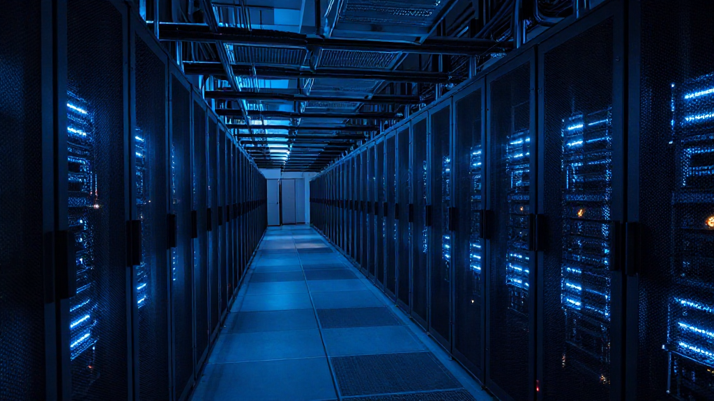 A dim data center aisle with server racks glowing in cold blue light, representing the network computing power behind blockchain transaction fees