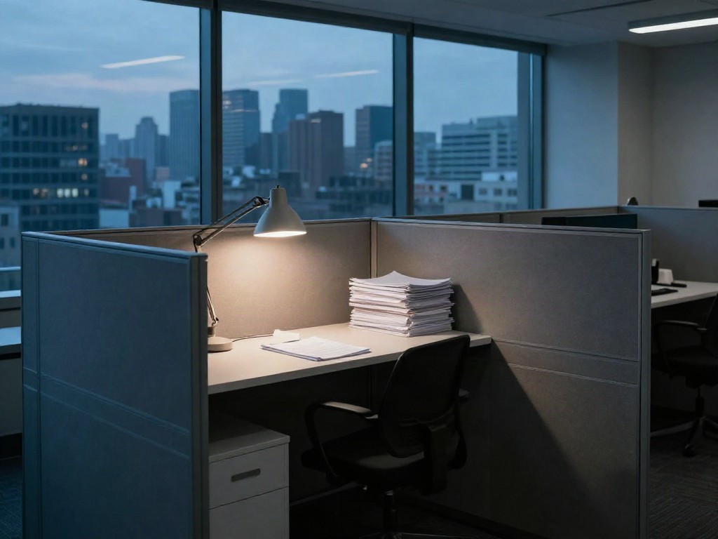 Empty office cubicle at dusk with a stack of paperwork on the desk