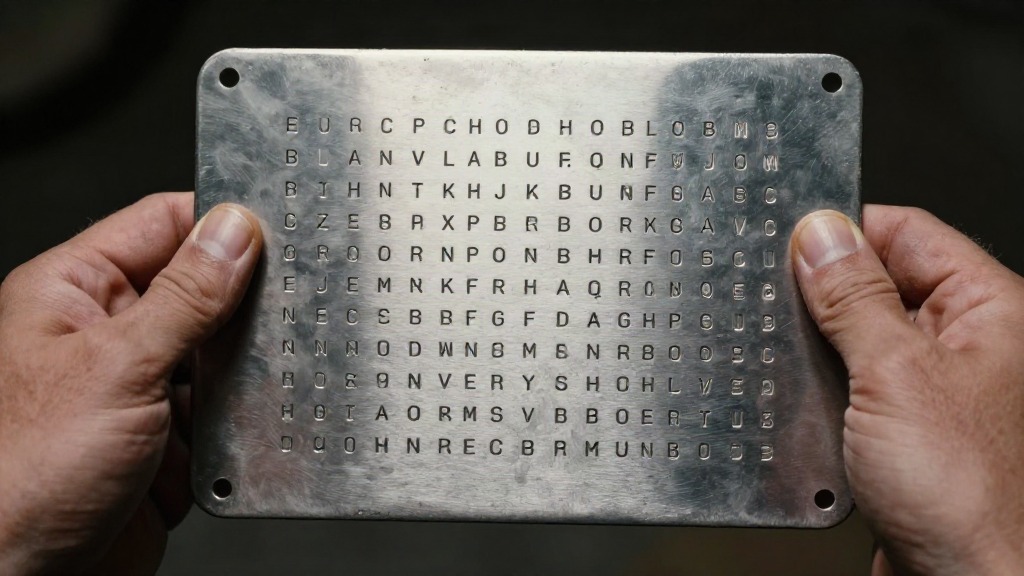 Two hands holding a stamped titanium seed phrase backup plate used for non-custodial wallet recovery