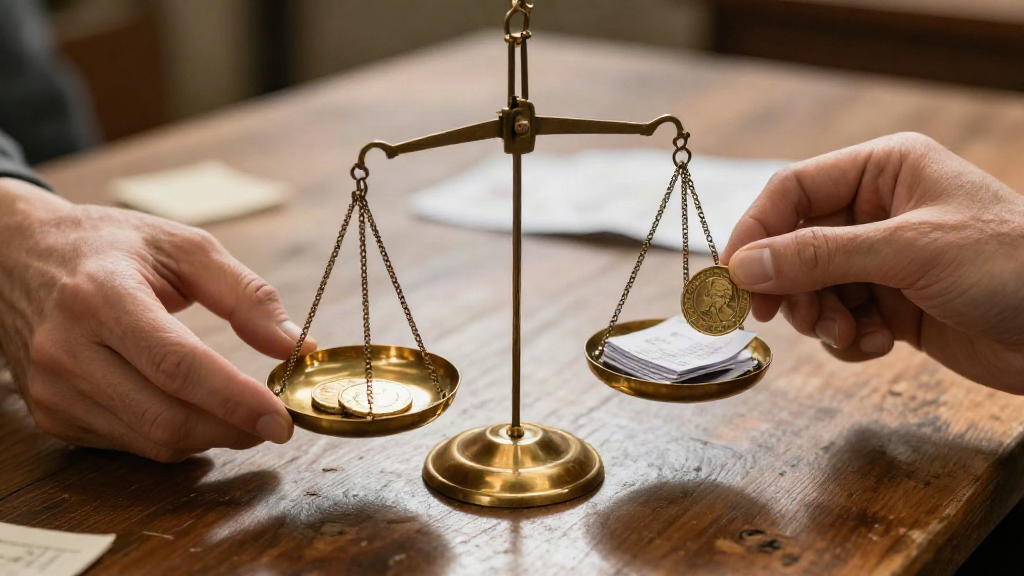 Two hands using a small brass balance scale weighing a gold coin against a stack of paper receipts