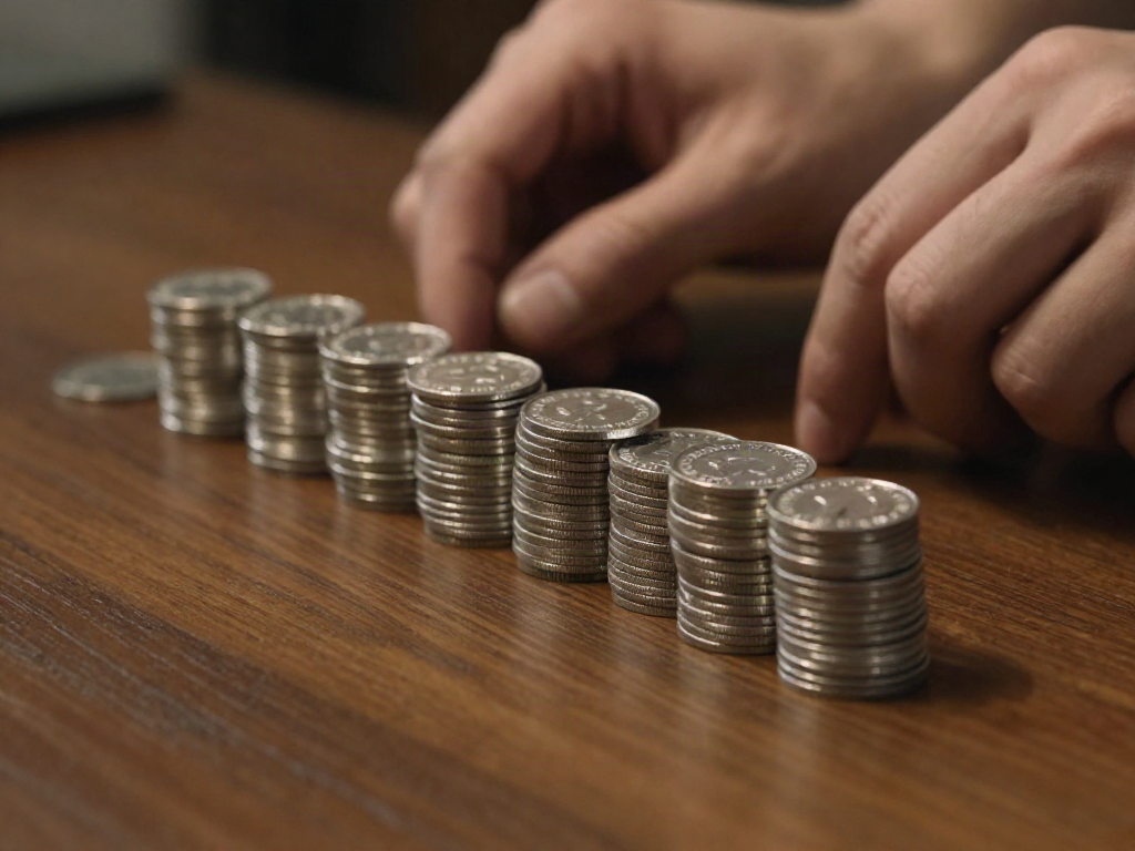 Hands stacking a row of identical silver tokens into neat piles on a wooden table