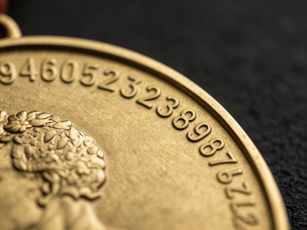 Extreme macro shot of a unique stamped serial number engraved into a brass medallion