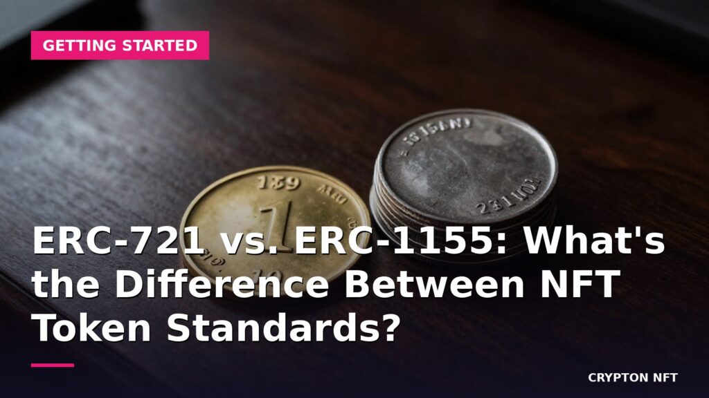 A unique engraved brass coin resting beside a stack of identical silver tokens on a dark wood desk, representing the difference between ERC-721 and ERC-1155