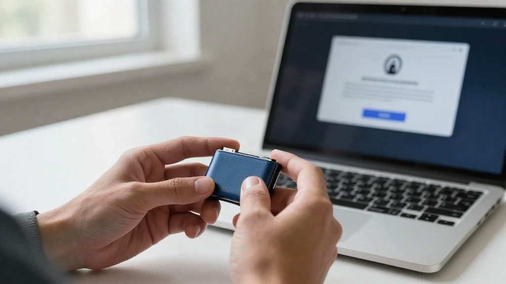 Hands holding a hardware wallet beside a laptop showing a security warning dialog