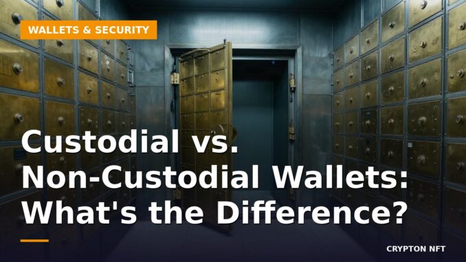 Custodial vs Non-Custodial Wallets Hero Interior of a bank vault with rows of brass safety deposit boxes and one open door, symbolizing custodial storage