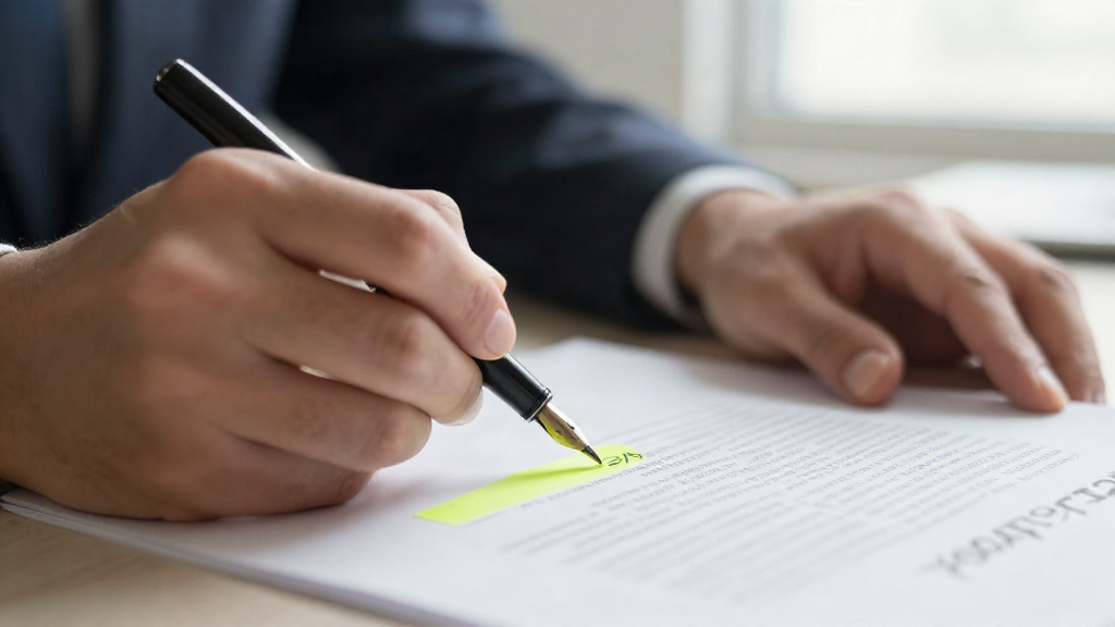 Close-up of hands signing a printed contract with a fountain pen, a royalty percentage clause highlighted in yellow