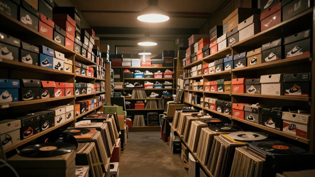 Floor-to-ceiling shelves of identical sneaker boxes and vinyl records in a dim collectibles shop, representing a marketplace's full inventory of listings