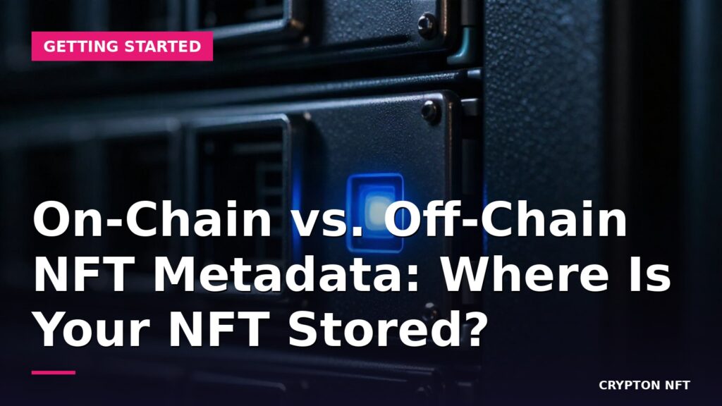 Hero image: on-chain vs off-chain NFT metadata, close-up of a glowing server rack LED