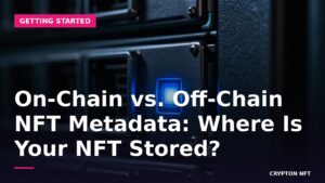 Hero image: on-chain vs off-chain NFT metadata, close-up of a glowing server rack LED