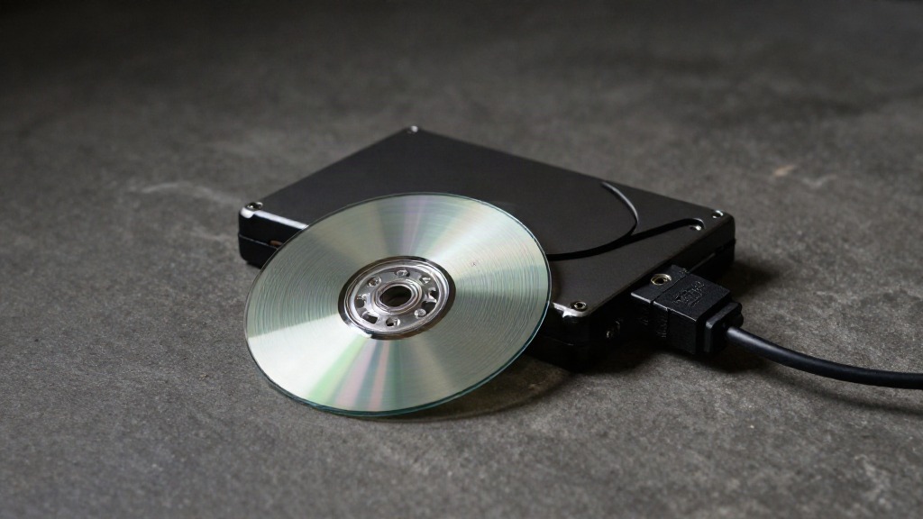 Archival data storage disc resting against an old external hard drive with a disconnected USB cable