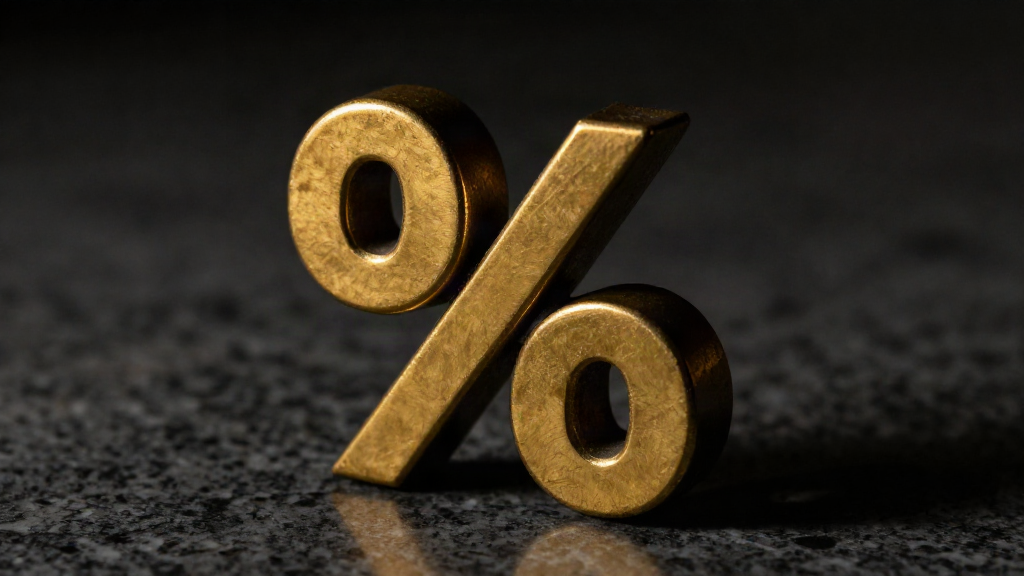Macro shot of a brass percentage symbol half lit and half in shadow on a dark marble surface